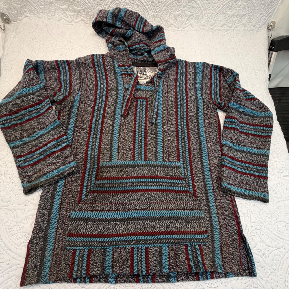 Original Senor Lopez Baja Hoodie Striped Mexican Poncho Grey Blue Red XXL